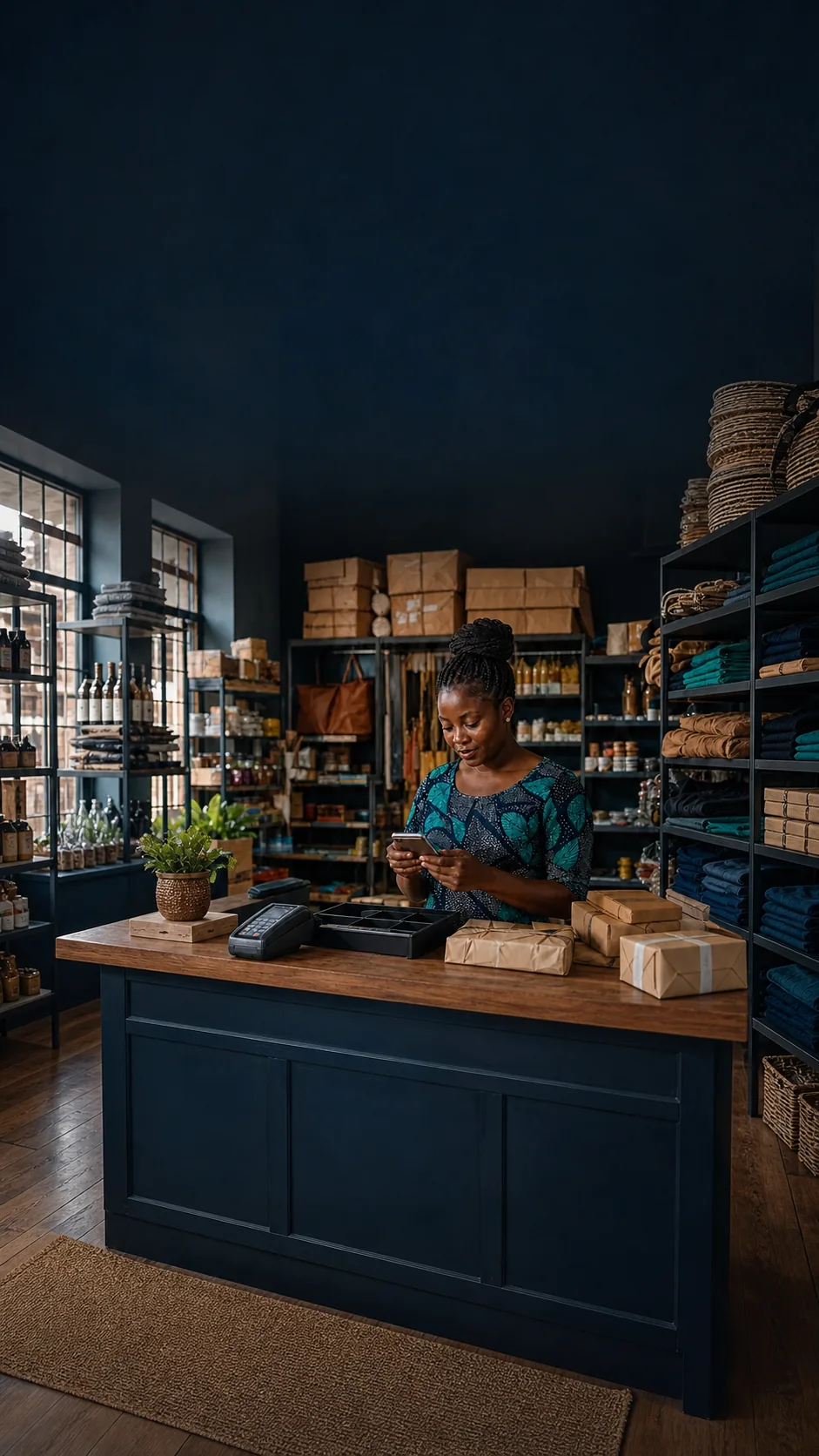 Commerçante africaine dans une boutique utilisant plusieurs moyens d'encaissement